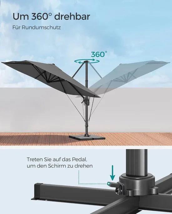 FurnStar - Parasol 290 x 290 cm - Zweefparasol - Tuinscherm - UV-bescherming UPF 50+ - 360° draaibaar - Hellingshoek verstelbaar - Met standaard, bevestigingsriemen en afdekking - Rookgrijs