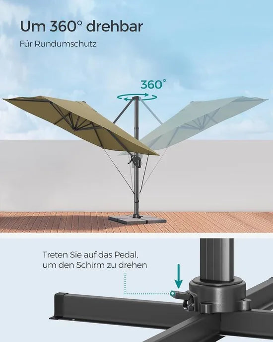 FurnStar zweefparasol 290 x 290 cm rookgrijs – UPF 50+, 360° draaibaar, met voet en hoes – Lauriergroen