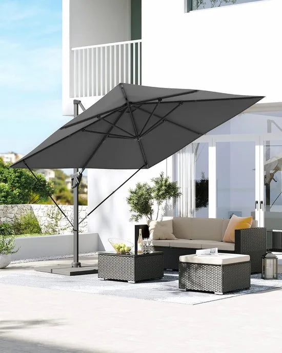 FurnStar - Parasol 290 x 290 cm - Zweefparasol - Tuinscherm - UV-bescherming UPF 50+ - 360° draaibaar - Hellingshoek verstelbaar - Met standaard, bevestigingsriemen en afdekking - Rookgrijs
