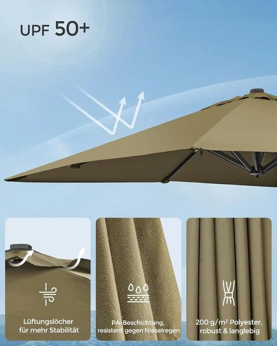 FurnStar zweefparasol 290 x 290 cm rookgrijs – UPF 50+, 360° draaibaar, met voet en hoes – Lauriergroen