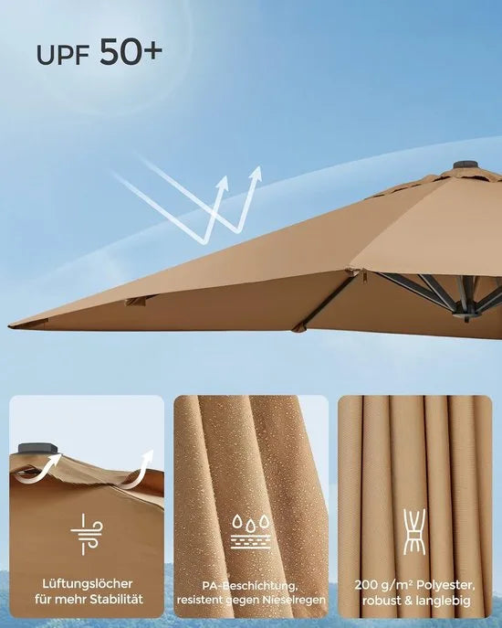 FurnStar zweefparasol 290 x 290 cm rookgrijs – UPF 50+, 360° draaibaar, met voet en hoes – Kaki