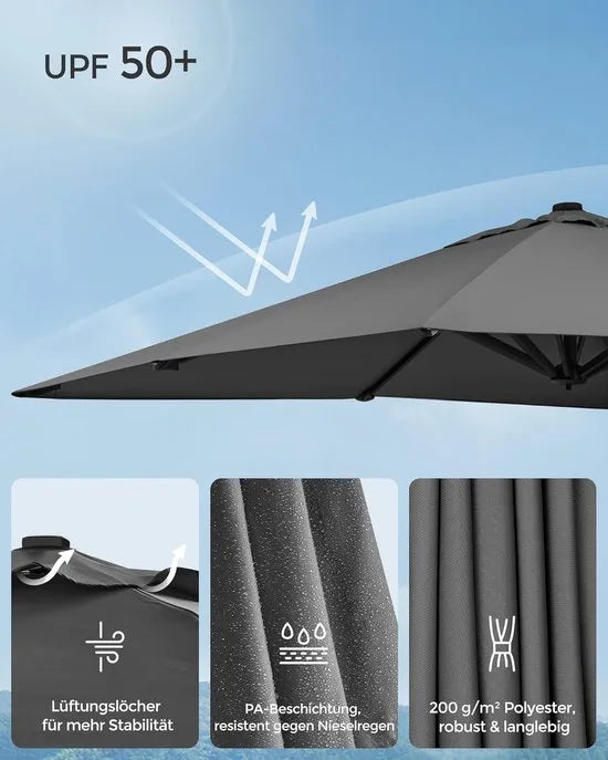 FurnStar - Parasol 290 x 290 cm - Zweefparasol - Tuinscherm - UV-bescherming UPF 50+ - 360° draaibaar - Hellingshoek verstelbaar - Met standaard, bevestigingsriemen en afdekking - Rookgrijs
