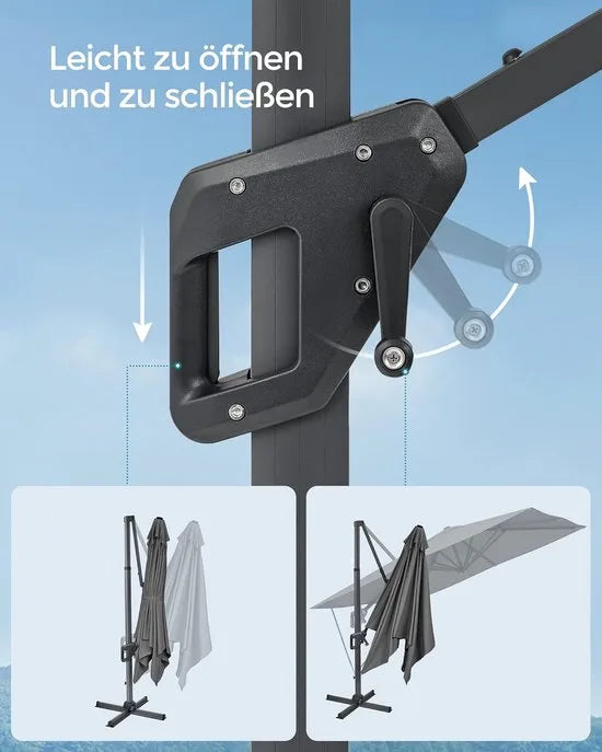 FurnStar - Parasol 290 x 290 cm - Zweefparasol - Tuinscherm - UV-bescherming UPF 50+ - 360° draaibaar - Hellingshoek verstelbaar - Met standaard, bevestigingsriemen en afdekking - Rookgrijs