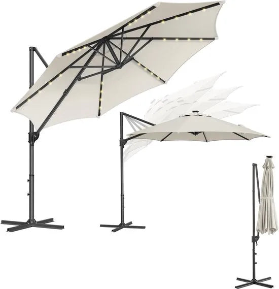 FurnStar - Parasol 300 cm - Zweefparasol - 28 LED-lampen op zonne-energie - UV-bescherming UPF 50+ - 360° draaibaar - Traploos kantelbaar - Met zwengel, kruisvoet - Crèmewit