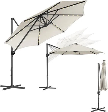FurnStar - Parasol 300 cm - Zweefparasol - 28 LED-lampen op zonne-energie - UV-bescherming UPF 50+ - 360° draaibaar - Traploos kantelbaar - Met zwengel, kruisvoet - Crèmewit