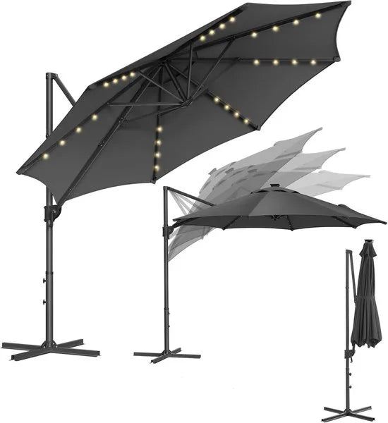 FurnStar - Parasol 300 cm - Zweefparasol - 28 LED-lampen op zonne-energie - UV-bescherming UPF 50+ - 360° draaibaar - Traploos kantelbaar - Met zwengel, kruisvoet - Grijs