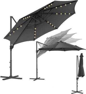 FurnStar - Parasol 300 cm - Zweefparasol - 28 LED-lampen op zonne-energie - UV-bescherming UPF 50+ - 360° draaibaar - Traploos kantelbaar - Met zwengel, kruisvoet - Grijs