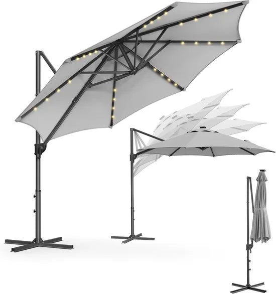 FurnStar - Parasol 300 cm - Zweefparasol - 28 LED-lampen op zonne-energie - UV-bescherming UPF 50+ - 360° draaibaar - Traploos kantelbaar - Met zwengel, kruisvoet - Duifgrijs