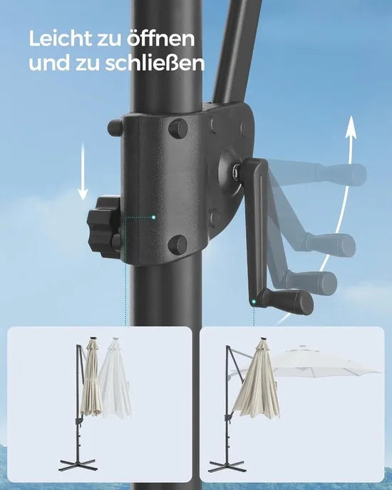 FurnStar - Parasol 300 cm - Zweefparasol - 28 LED-lampen op zonne-energie - UV-bescherming UPF 50+ - 360° draaibaar - Traploos kantelbaar - Met zwengel, kruisvoet - Crèmewit