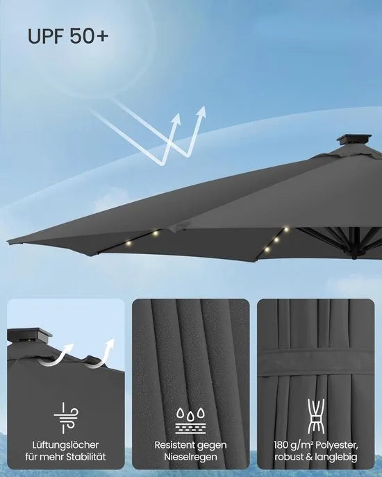 FurnStar - Parasol 300 cm - Zweefparasol - 28 LED-lampen op zonne-energie - UV-bescherming UPF 50+ - 360° draaibaar - Traploos kantelbaar - Met zwengel, kruisvoet - Grijs