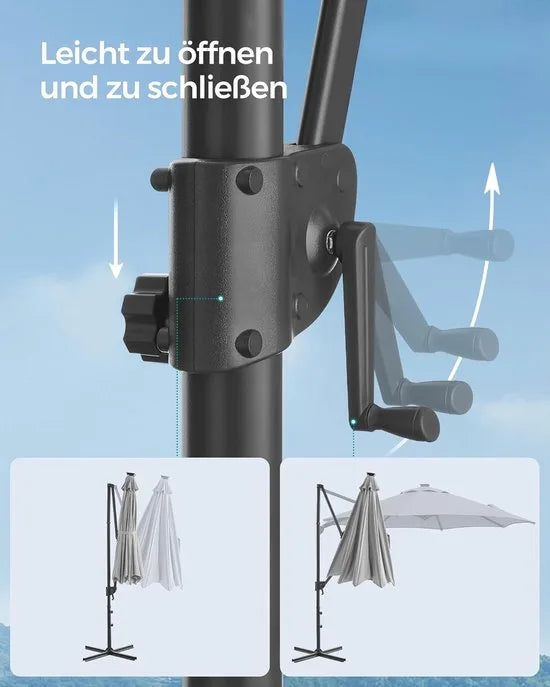 FurnStar - Parasol 300 cm - Zweefparasol - 28 LED-lampen op zonne-energie - UV-bescherming UPF 50+ - 360° draaibaar - Traploos kantelbaar - Met zwengel, kruisvoet - Duifgrijs