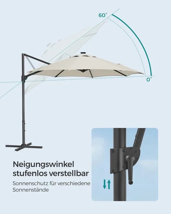 FurnStar - Parasol 300 cm - Zweefparasol - 28 LED-lampen op zonne-energie - UV-bescherming UPF 50+ - 360° draaibaar - Traploos kantelbaar - Met zwengel, kruisvoet - Crèmewit