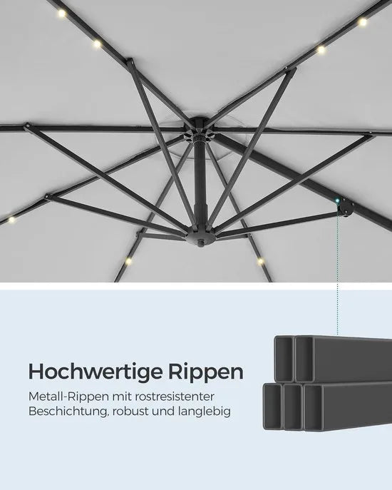 FurnStar - Parasol 300 cm - Zweefparasol - 28 LED-lampen op zonne-energie - UV-bescherming UPF 50+ - 360° draaibaar - Traploos kantelbaar - Met zwengel, kruisvoet - Duifgrijs
