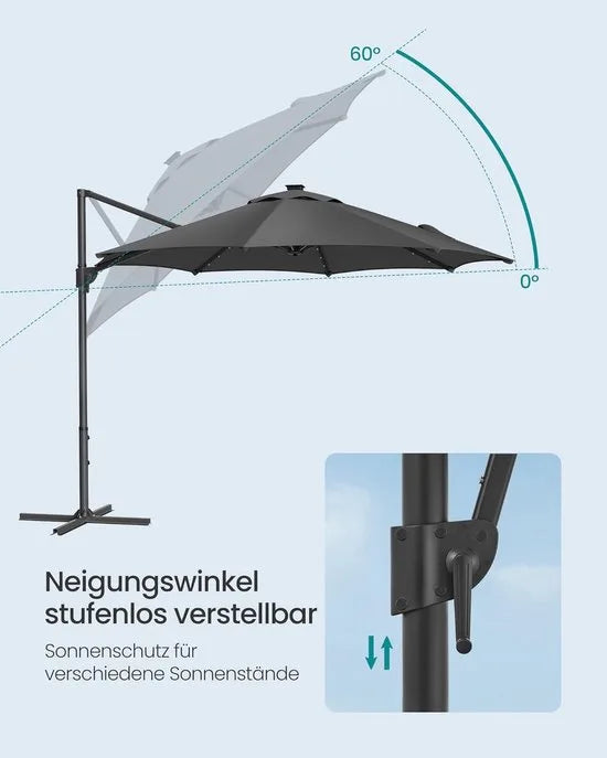 FurnStar - Parasol 300 cm - Zweefparasol - 28 LED-lampen op zonne-energie - UV-bescherming UPF 50+ - 360° draaibaar - Traploos kantelbaar - Met zwengel, kruisvoet - Grijs
