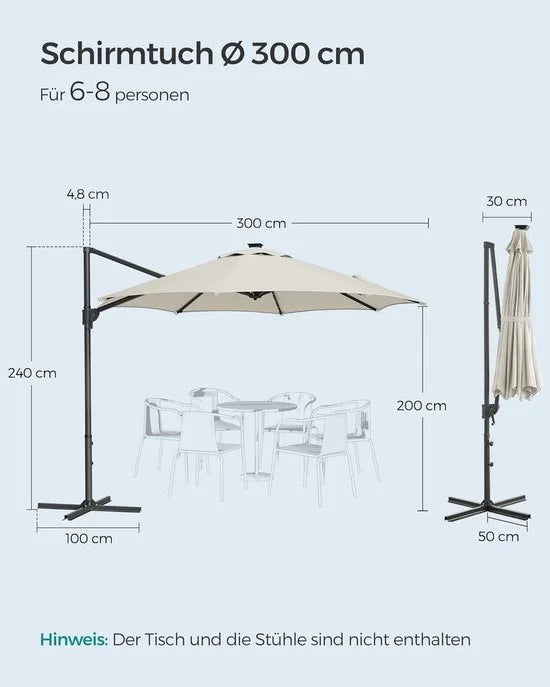 FurnStar - Parasol 300 cm - Zweefparasol - 28 LED-lampen op zonne-energie - UV-bescherming UPF 50+ - 360° draaibaar - Traploos kantelbaar - Met zwengel, kruisvoet - Crèmewit