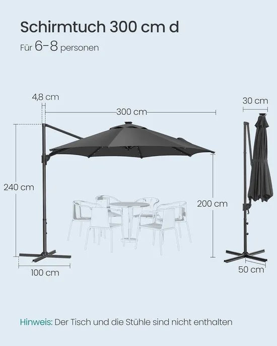 FurnStar - Parasol 300 cm - Zweefparasol - 28 LED-lampen op zonne-energie - UV-bescherming UPF 50+ - 360° draaibaar - Traploos kantelbaar - Met zwengel, kruisvoet - Grijs