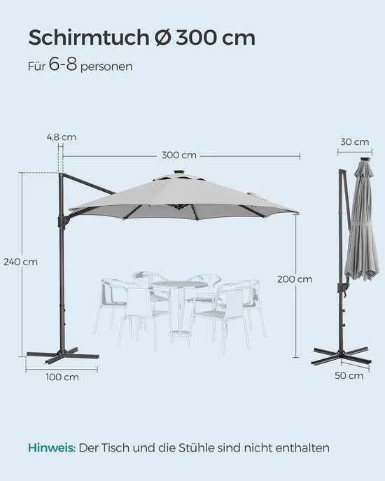 FurnStar - Parasol 300 cm - Zweefparasol - 28 LED-lampen op zonne-energie - UV-bescherming UPF 50+ - 360° draaibaar - Traploos kantelbaar - Met zwengel, kruisvoet - Duifgrijs