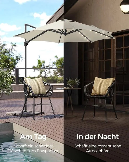 FurnStar - Parasol 300 cm - Zweefparasol - 28 LED-lampen op zonne-energie - UV-bescherming UPF 50+ - 360° draaibaar - Traploos kantelbaar - Met zwengel, kruisvoet - Crèmewit