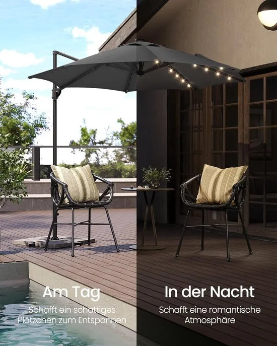 FurnStar - Parasol 300 cm - Zweefparasol - 28 LED-lampen op zonne-energie - UV-bescherming UPF 50+ - 360° draaibaar - Traploos kantelbaar - Met zwengel, kruisvoet - Grijs