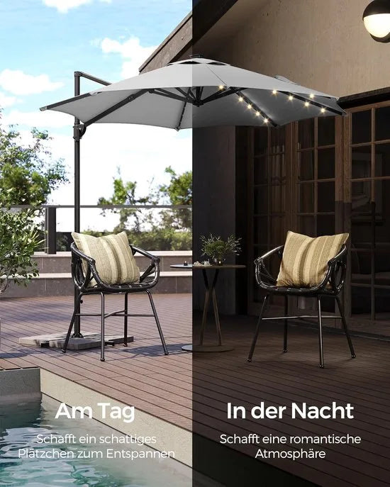 FurnStar - Parasol 300 cm - Zweefparasol - 28 LED-lampen op zonne-energie - UV-bescherming UPF 50+ - 360° draaibaar - Traploos kantelbaar - Met zwengel, kruisvoet - Duifgrijs