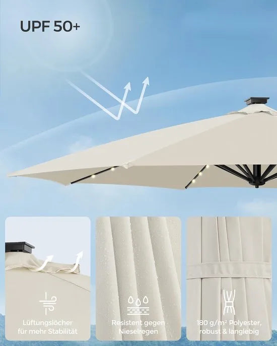 FurnStar - Parasol 300 cm - Zweefparasol - 28 LED-lampen op zonne-energie - UV-bescherming UPF 50+ - 360° draaibaar - Traploos kantelbaar - Met zwengel, kruisvoet - Crèmewit