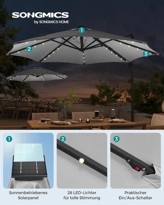 FurnStar - Parasol 300 cm - Zweefparasol - 28 LED-lampen op zonne-energie - UV-bescherming UPF 50+ - 360° draaibaar - Traploos kantelbaar - Met zwengel, kruisvoet - Duifgrijs