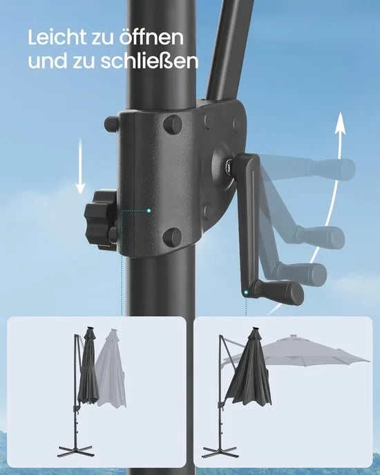 FurnStar - Parasol 300 cm - Zweefparasol - 28 LED-lampen op zonne-energie - UV-bescherming UPF 50+ - 360° draaibaar - Traploos kantelbaar - Met zwengel, kruisvoet - Grijs