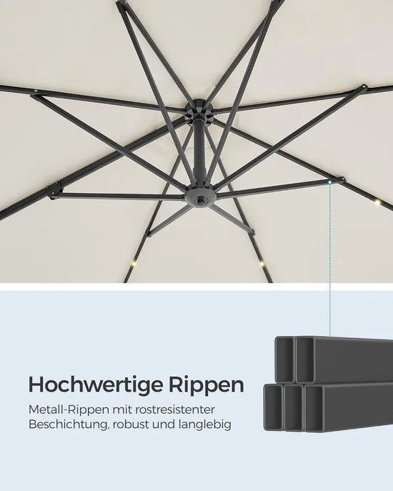 FurnStar - Parasol 300 cm - Zweefparasol - 28 LED-lampen op zonne-energie - UV-bescherming UPF 50+ - 360° draaibaar - Traploos kantelbaar - Met zwengel, kruisvoet - Crèmewit