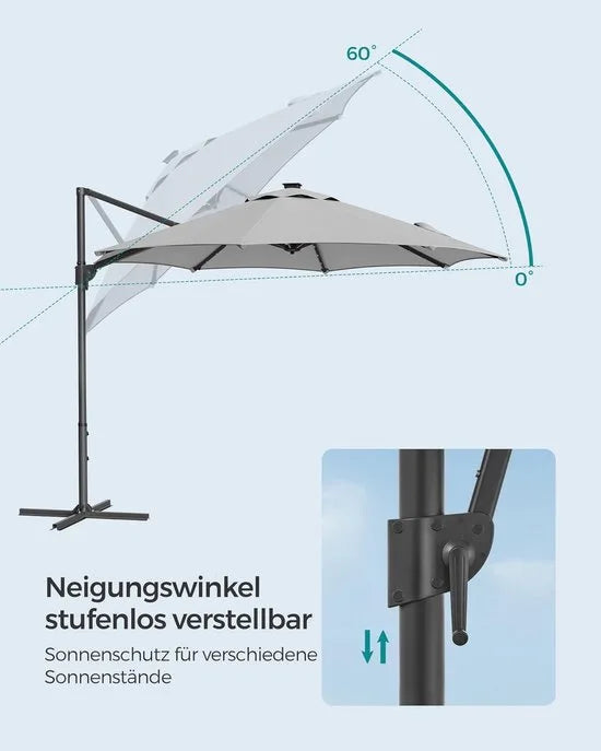FurnStar - Parasol 300 cm - Zweefparasol - 28 LED-lampen op zonne-energie - UV-bescherming UPF 50+ - 360° draaibaar - Traploos kantelbaar - Met zwengel, kruisvoet - Duifgrijs