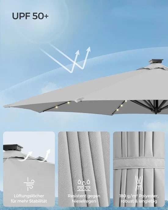 FurnStar - Parasol 300 cm - Zweefparasol - 28 LED-lampen op zonne-energie - UV-bescherming UPF 50+ - 360° draaibaar - Traploos kantelbaar - Met zwengel, kruisvoet - Duifgrijs