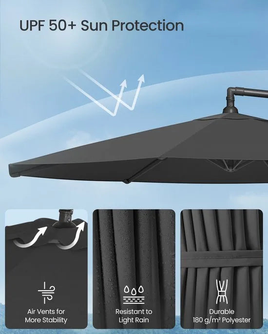 FurnStar - Parasol 300 cm - Zweefparasol - UV-bescherming UPF 50+ - 360° draaibaar - Traploos kantelbaar - Met zwengel om te openen en te sluiten, kruisvoet - Camelbruin