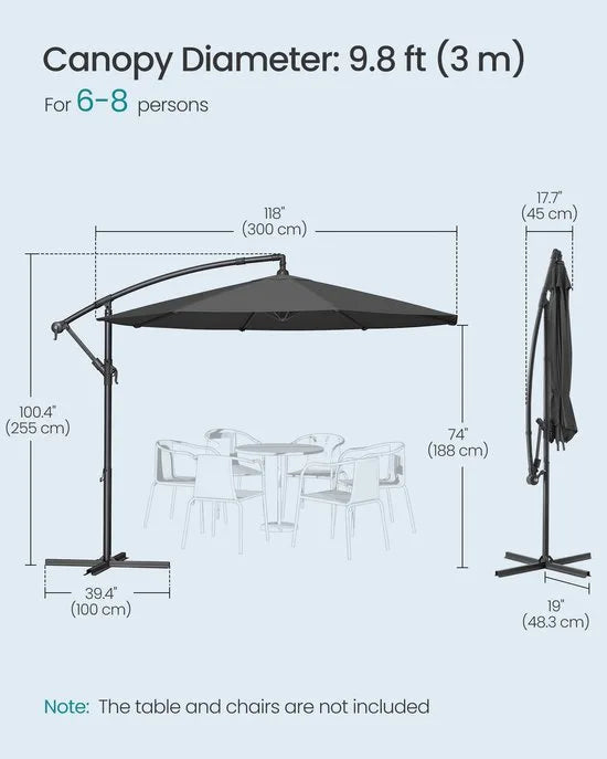 FurnStar - Parasol 300 cm - Zweefparasol - UV-bescherming UPF 50+ - 360° draaibaar - Traploos kantelbaar - Met zwengel om te openen en te sluiten, kruisvoet - Camelbruin