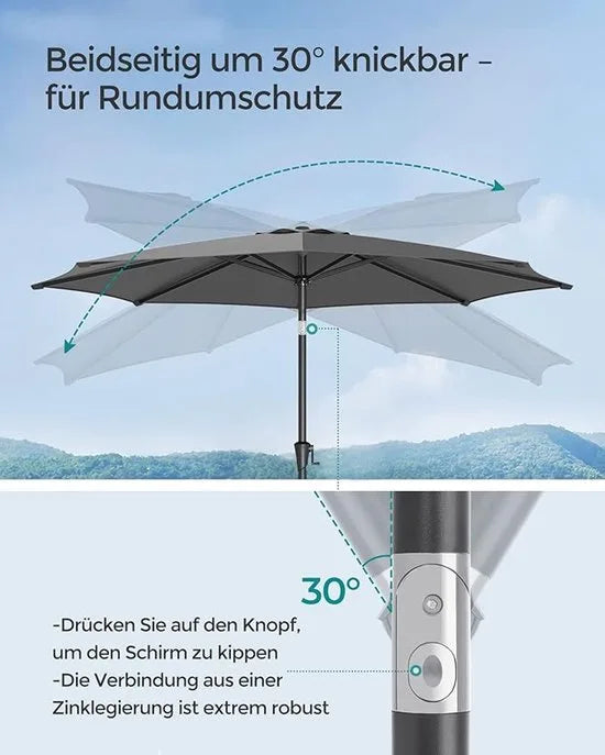 Furnstar - Parasol 340 cm - UPF 50+ zonwering - Strandscherm - Knikbaar aan beide zijden - Met zwengel om te openen/sluiten - Zonder standaard - Voor terras, balkon en zwembad - Grijs