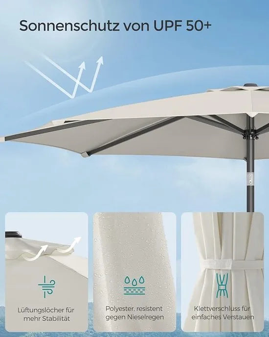 Furnstar - Parasol 340 cm - UPF 50+ zonwering - Strandscherm - Knikbaar aan beide zijden - Met zwengel om te openen/sluiten - Zonder standaard - Voor terras, balkon en zwembad - Beige