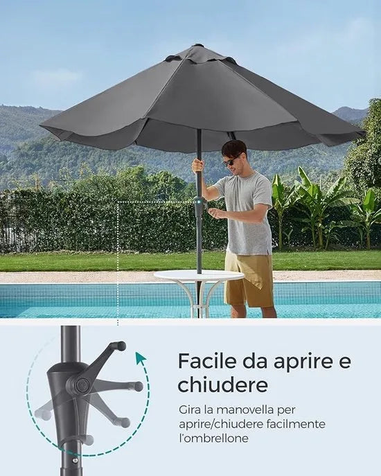 Furnstar - Parasol 340 cm - UPF 50+ zonwering - Strandscherm - Knikbaar aan beide zijden - Met zwengel om te openen/sluiten - Zonder standaard - Voor terras, balkon en zwembad - Grijs