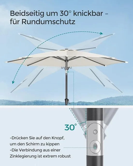 Furnstar - Parasol 340 cm - UPF 50+ zonwering - Strandscherm - Knikbaar aan beide zijden - Met zwengel om te openen/sluiten - Zonder standaard - Voor terras, balkon en zwembad - Beige