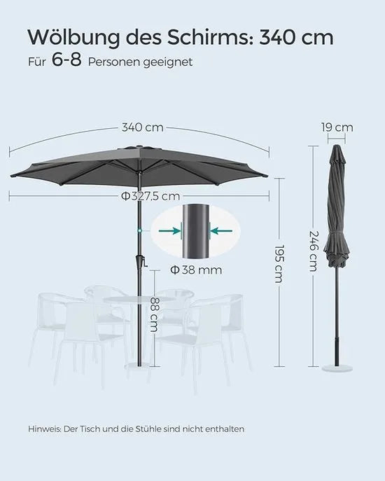 Furnstar - Parasol 340 cm - UPF 50+ zonwering - Strandscherm - Knikbaar aan beide zijden - Met zwengel om te openen/sluiten - Zonder standaard - Voor terras, balkon en zwembad - Grijs