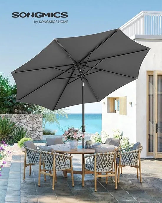 Furnstar - Parasol 340 cm - UPF 50+ zonwering - Strandscherm - Knikbaar aan beide zijden - Met zwengel om te openen/sluiten - Zonder standaard - Voor terras, balkon en zwembad - Grijs