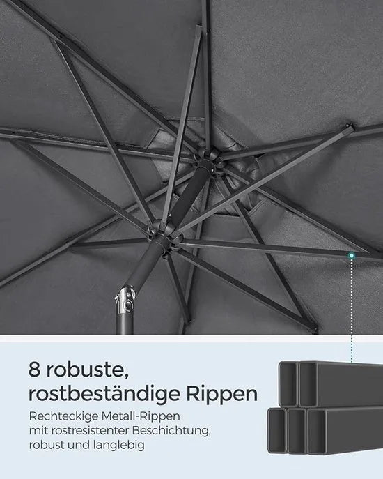 Furnstar - Parasol 340 cm - UPF 50+ zonwering - Strandscherm - Knikbaar aan beide zijden - Met zwengel om te openen/sluiten - Zonder standaard - Voor terras, balkon en zwembad - Grijs