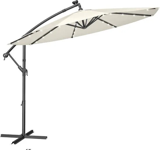 FurnStar - Parasol met LED-verlichting op zonne-energie - Zweefparasol - 300 cm - 32 LED-lampen - Met standaard - Zonwering UPF 50+ - Met zwengel - Grijs – Beige