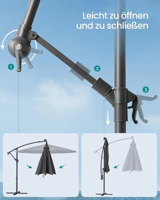 FurnStar - Parasol met LED-verlichting op zonne-energie - Zweefparasol - 300 cm - 32 LED-lampen - Met standaard - Zonwering UPF 50+ - Met zwengel - Grijs