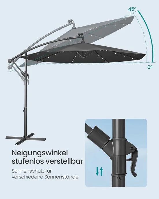 FurnStar - Parasol met LED-verlichting op zonne-energie - Zweefparasol - 300 cm - 32 LED-lampen - Met standaard - Zonwering UPF 50+ - Met zwengel - Grijs
