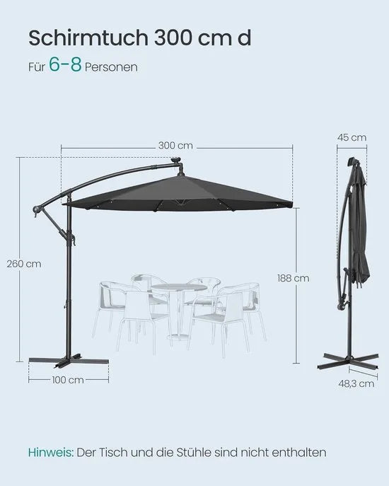 FurnStar - Parasol met LED-verlichting op zonne-energie - Zweefparasol - 300 cm - 32 LED-lampen - Met standaard - Zonwering UPF 50+ - Met zwengel - Grijs
