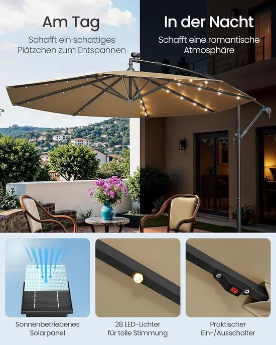 FurnStar - Parasol met LED-verlichting op zonne-energie - Zweefparasol - 300 cm - 32 LED-lampen - Met standaard - Zonwering UPF 50+ - Met zwengel - Grijs – Taupe