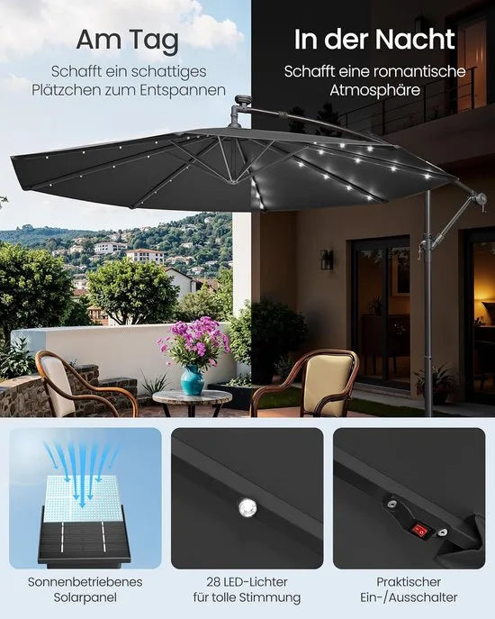 FurnStar - Parasol met LED-verlichting op zonne-energie - Zweefparasol - 300 cm - 32 LED-lampen - Met standaard - Zonwering UPF 50+ - Met zwengel - Grijs
