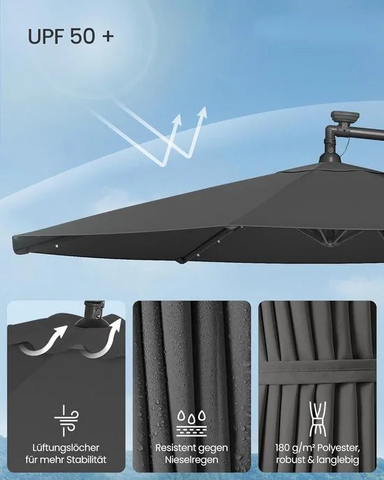 FurnStar - Parasol met LED-verlichting op zonne-energie - Zweefparasol - 300 cm - 32 LED-lampen - Met standaard - Zonwering UPF 50+ - Met zwengel - Grijs