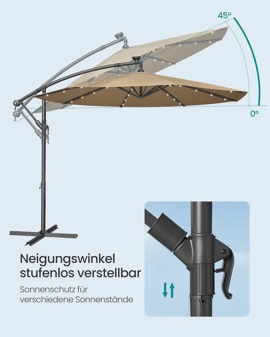 FurnStar - Parasol met LED-verlichting op zonne-energie - Zweefparasol - 300 cm - 32 LED-lampen - Met standaard - Zonwering UPF 50+ - Met zwengel - Grijs – Taupe