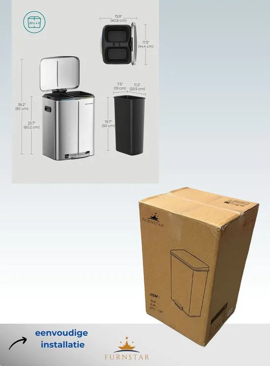 FurnStar - Pedaalemmer - 2 x 20L Keuken vuilnisbak - Metalen opstapbak met twee compartimenten - Met plastic binnenemmers - Zacht sluitende deksels en handgrepen - Geurafdichting -Zilver