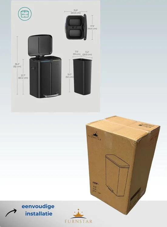 FurnStar - Pedaalemmer - 2 x 20L Keuken Vuilnisbak - Metalen opstapbak met twee compartimenten - Met plastic binnen emmers - Zacht sluitende deksels en handgrepen - Geurafdichting - Zwart