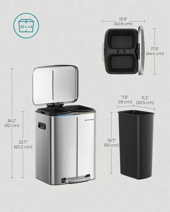 FurnStar - Pedaalemmer - 2 x 20L Keuken vuilnisbak - Metalen opstapbak met twee compartimenten - Met plastic binnenemmers - Zacht sluitende deksels en handgrepen - Geurafdichting -Zilver